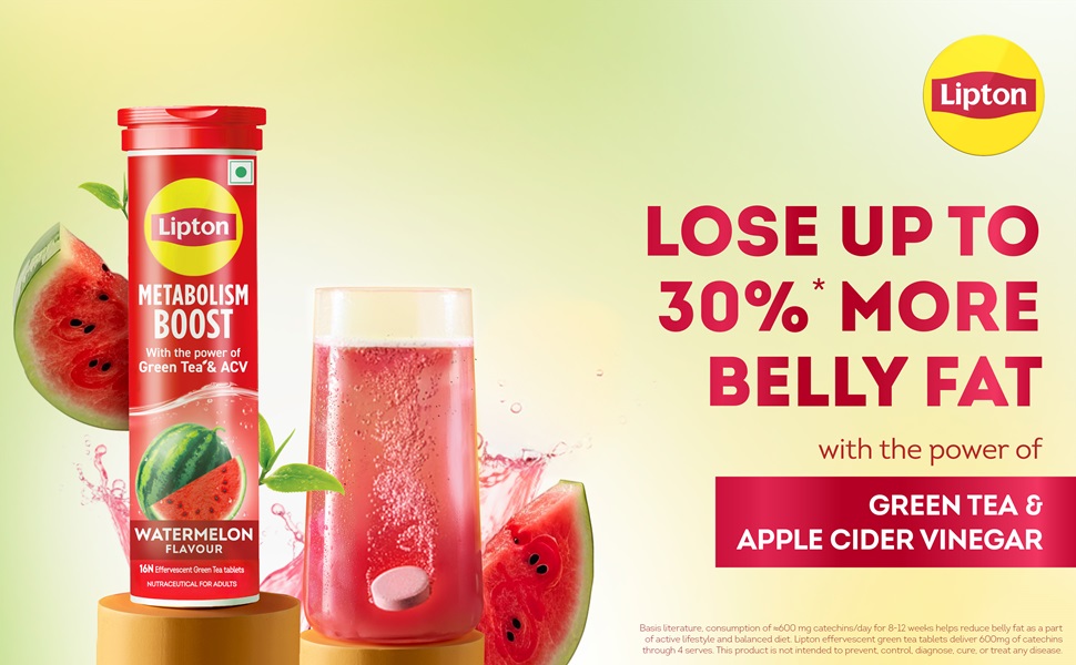 Lipton Metabolism Boost with 150mg Green Tea Catechins and 50mg ACV (Apple Cider Vinegar) | For Weight Loss & Fat Burn | Zero Calories | 16N Effervescent Tablets | Watermelon Flavour