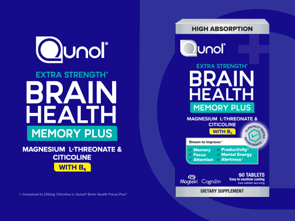 Qunol Brain Health Memory Plus w/Magtein, Cognizin & Vitamin B6, 90ct