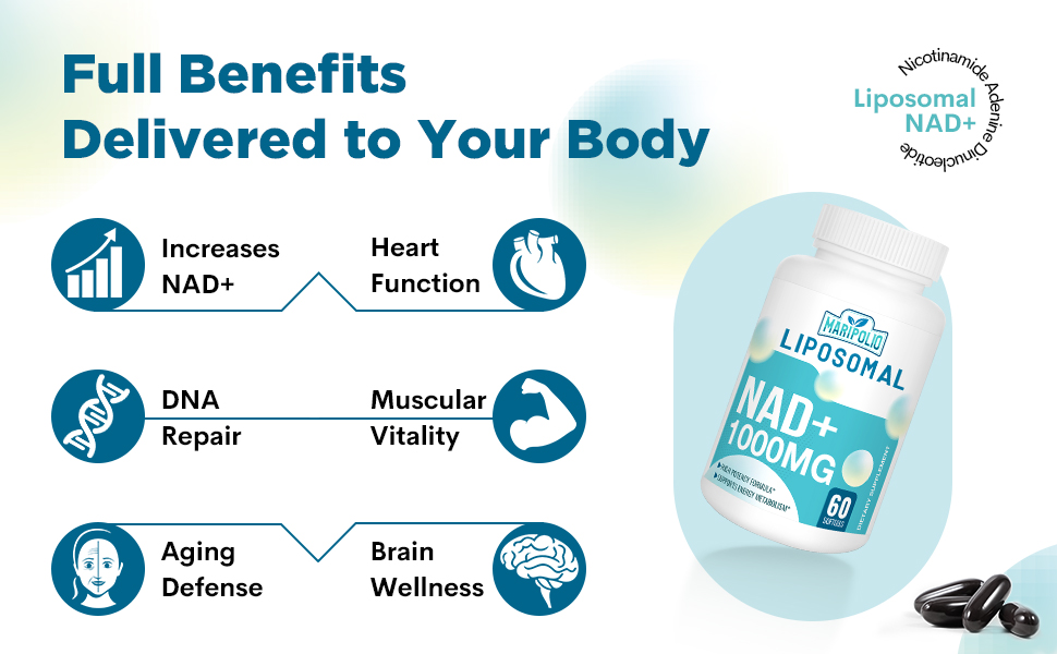 Maripolio Liposomal NAD+ 1000 mg Supplement | High Bioavailability Liposomal Delivery | Cellular Energy & Wellness Support | Pure NAD+ Dietary Supplement for Men,Women, 60 Softgels