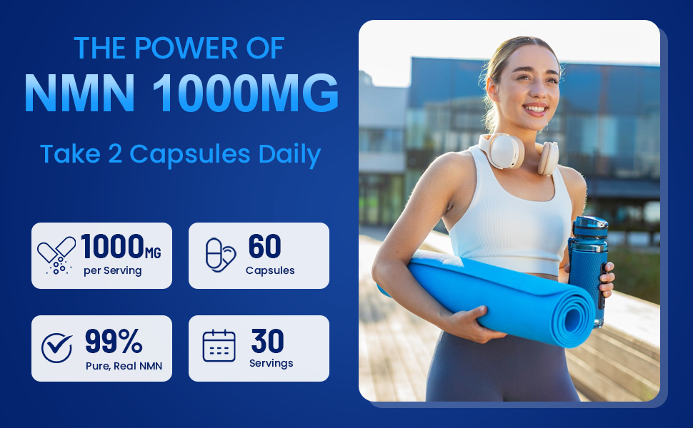 NMN 1000mg Per Serving Maximum Strength - 99% Pure NMN, Stabilized, 60 Caps