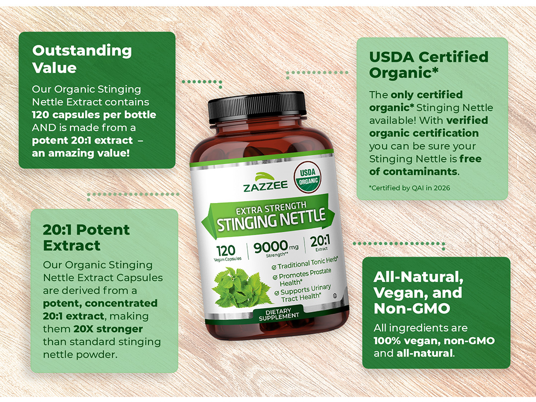 Zazzee USDA Organic Stinging Nettle Leaf 20:1 Extract, 120 Vegan Capsules
