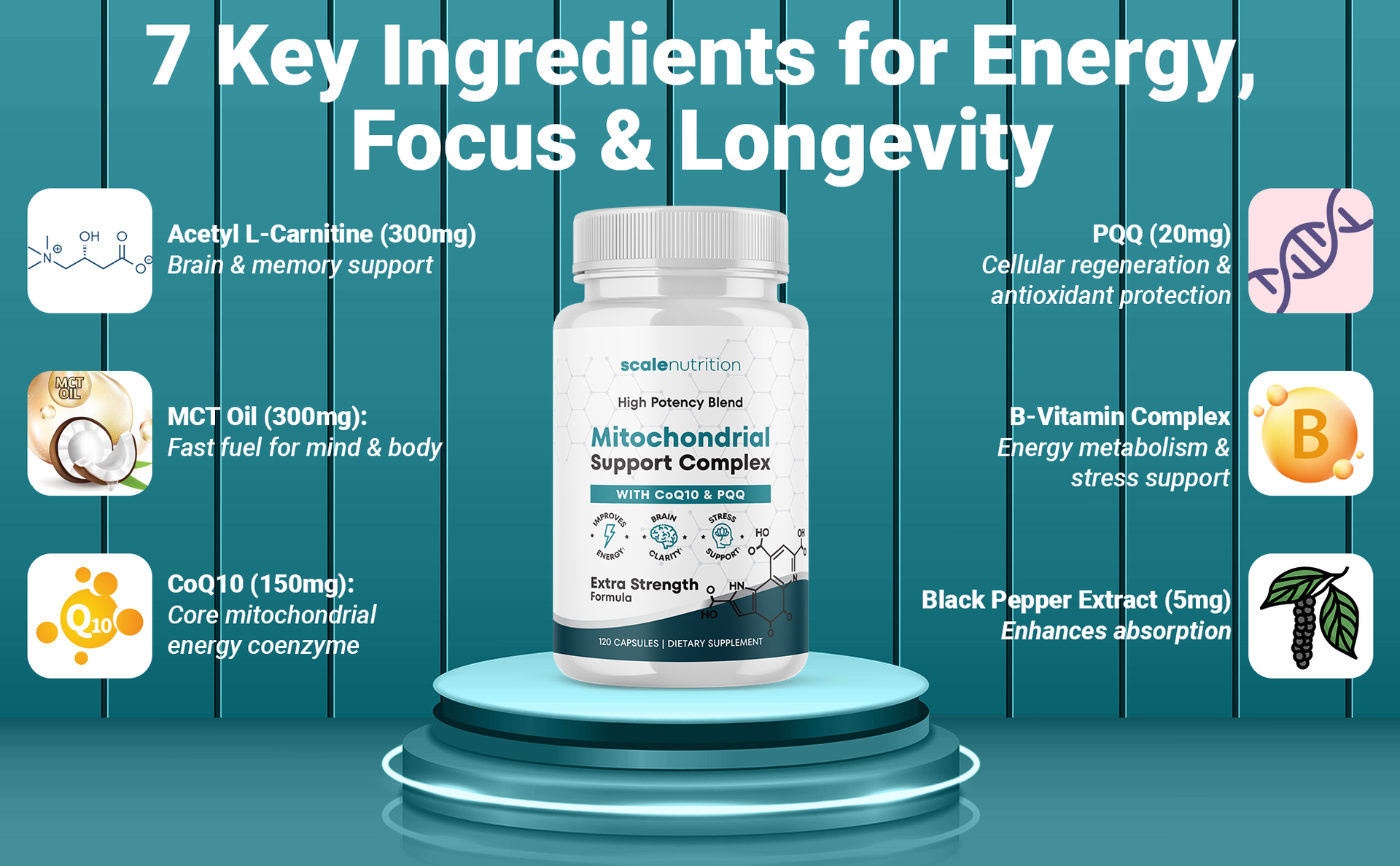 Mitochondrial Support Complex – Energy, Focus & Brain Clarity Support – CoQ10, PQQ, Acetyl-L-Carnitine – Cellular Energy & Stress Support Supplement - 120 Capsules
