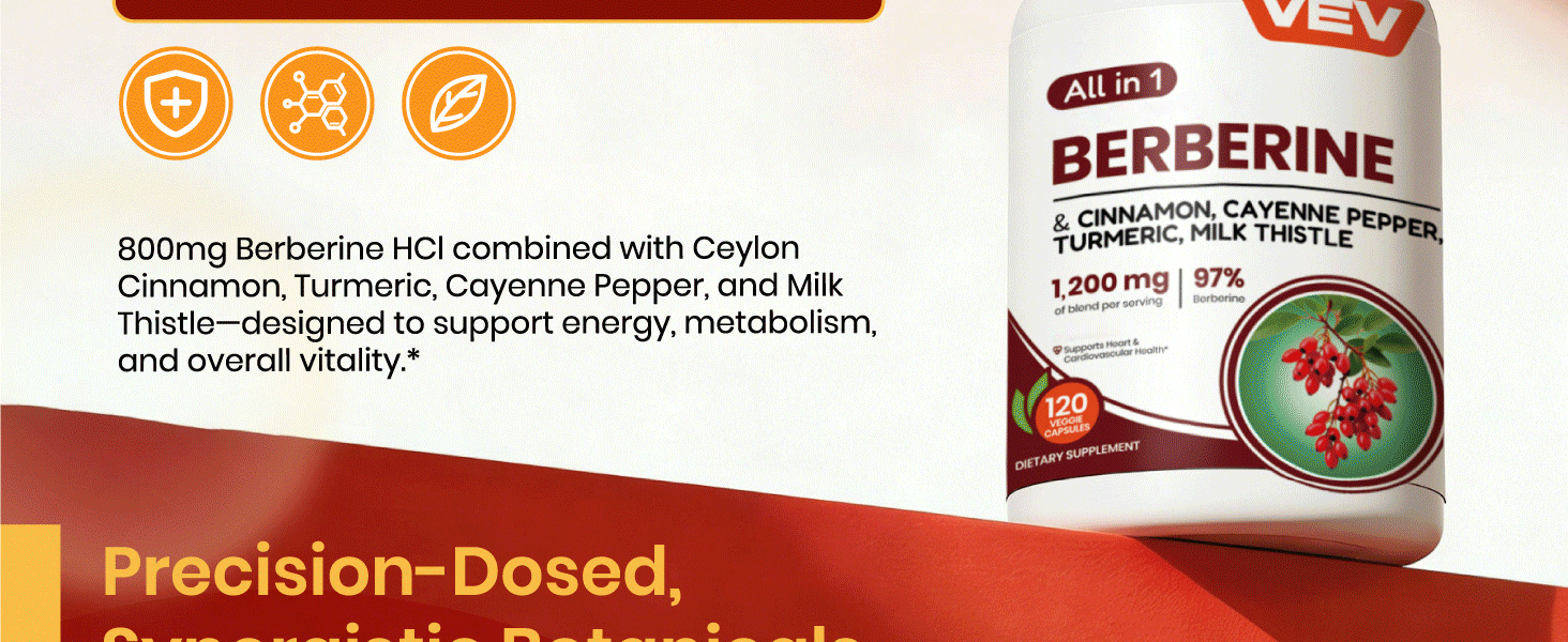 VEV Berberine Supplement with Ceylon Cinnamon, Cayenne Pepper, 120 Capsules