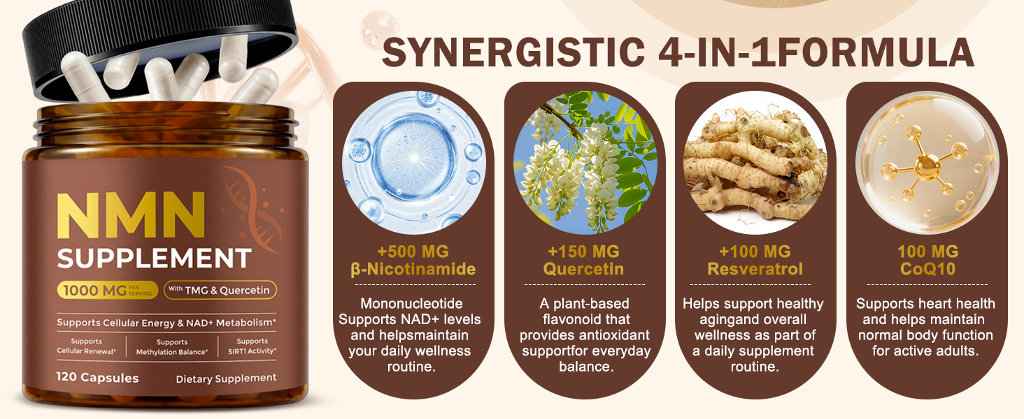 NMN Supplement 1000mg, NAD+ Support, Cellular Energy, 120 Capsules
