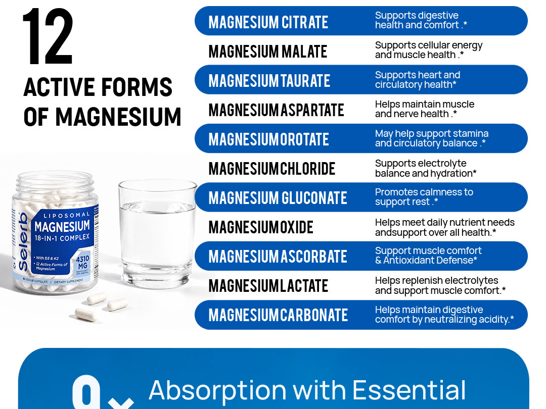 18 in 1 Magnesium Complex for Women and Men | Liposomal Magnesium Supplement with Glycinate, Citrate, Malate, Taurate, D3 & K2 | High Absorption for Muscle, Sleep, Bone, Nerve Support | 90 Capsules