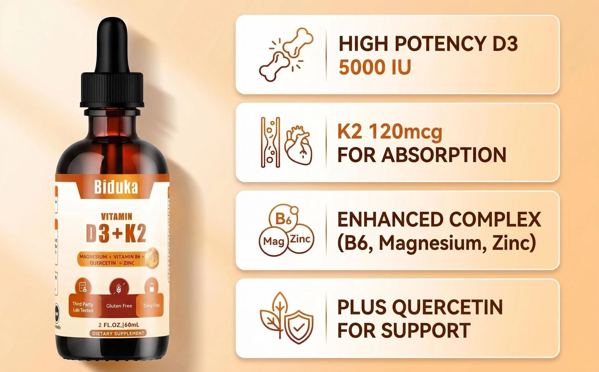Organic Vitamin D3 K2 Magnesium Liquid Drops, 6 in 1 with Zinc, Vitamin B6 & Quercetin