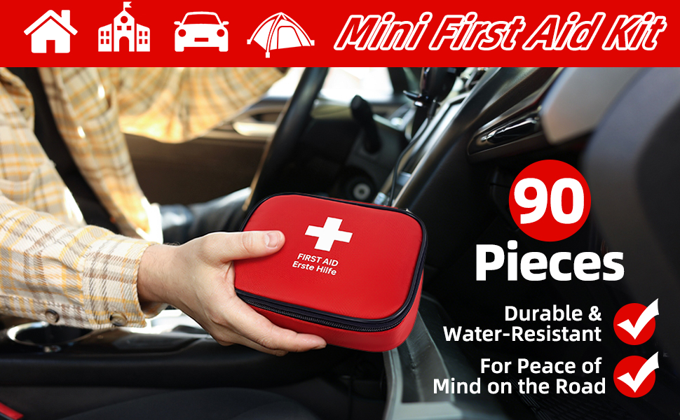 HONYAO First Aid Kit 90 Pcs, Small Travel First-Aid Bag, Mini Compact Survival Kit for Travel Car Home Workplace Kids Camping Hiking Motorbike Holiday, Red