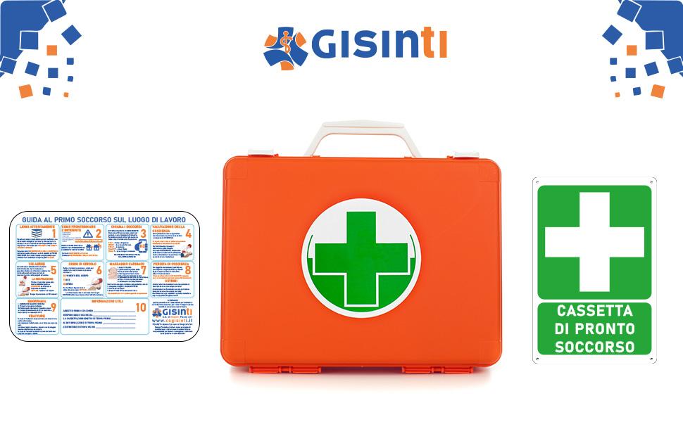 Gisinti First Aid Kit All.2 for Companies Under 3 Workers Group C + PVC Sign, 30 x 20 cm, Orange
