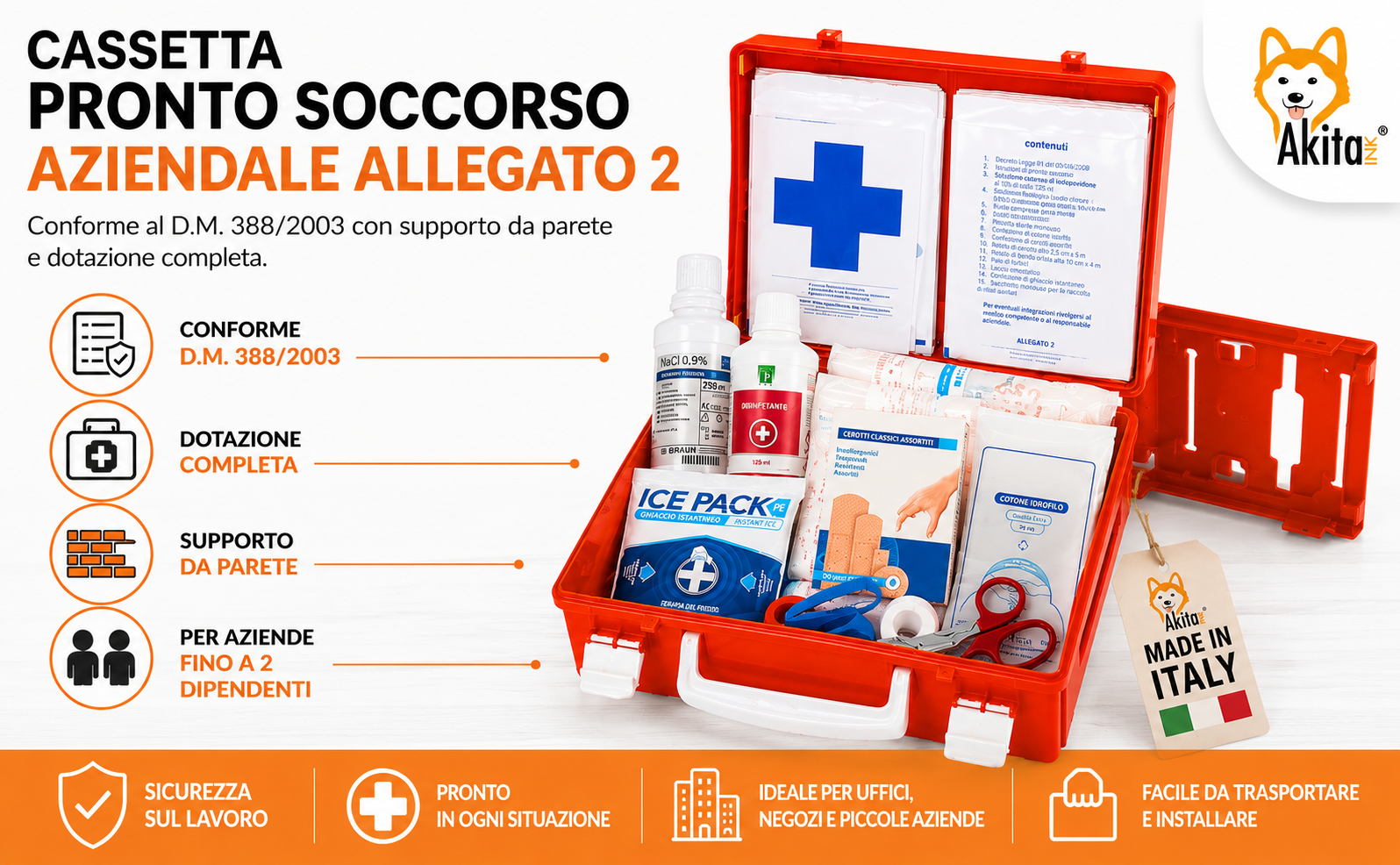 Akitaink Medical First Aid Box with Attachment 2 for Companies Less than 3 Employees Complete with Wall Bracket, Compliant DM388/DL81, Made in Italy