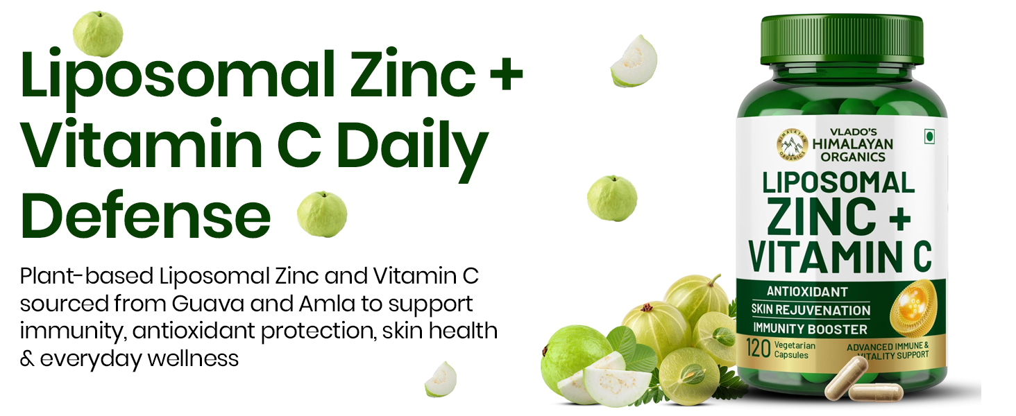 Vlado's Himalayan organic Liposomal Zinc With Vitamin C Supplement | Digestive Health | Improve Iron Absorption | Double Antioxidant & Immune Support - 10 Veg Capsules