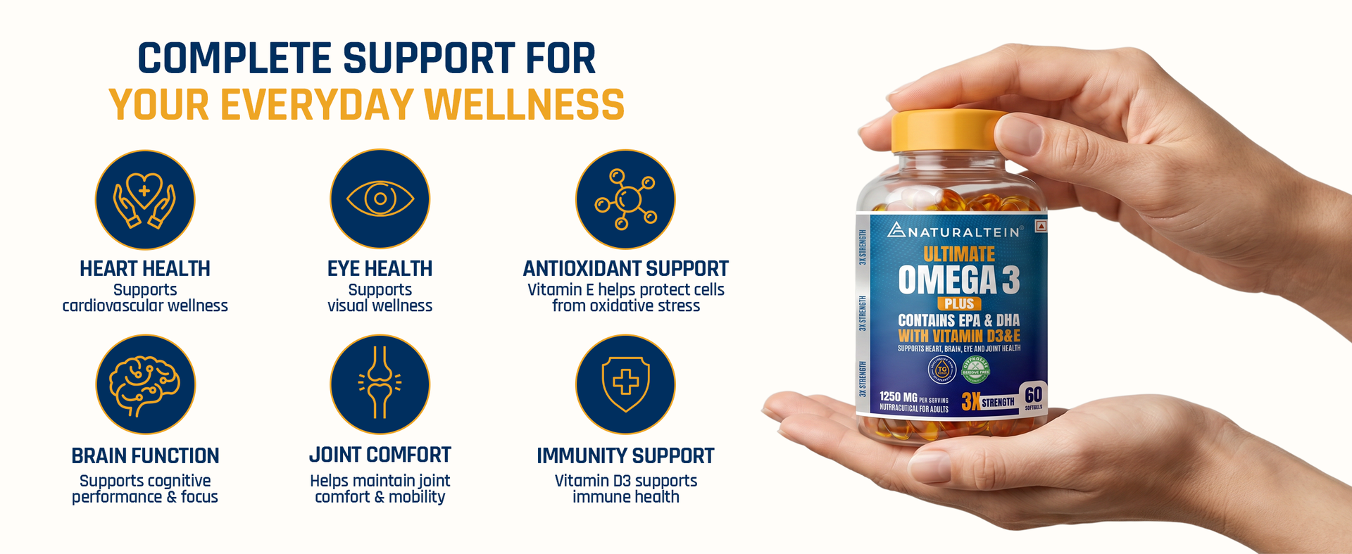 NATURALTEIN Ultimate Omega-3 plus Fish Oil 1250mg Triple Strength Softgel Capsules with vitamin D3 and E | 450mg EPA & 300mg DHA in Triglyceride Form for Better Absorption | Heart, Brain, Eye & Joint Support | Glyphosate-Free | 60 Softgel Capsules | 60-Day Supply