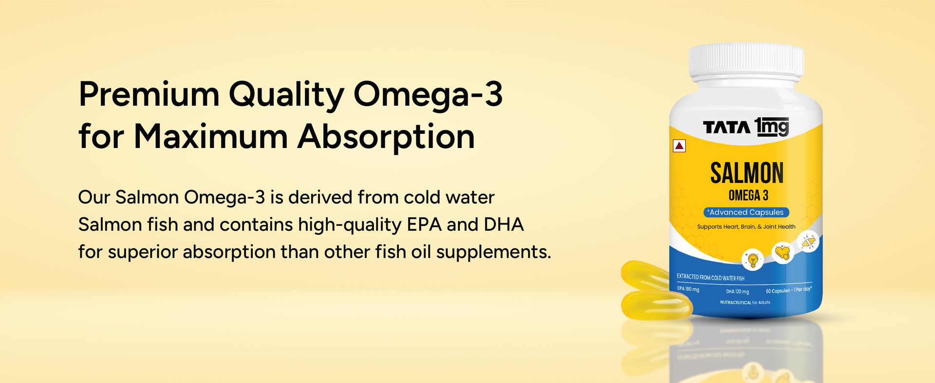 Tata 1mg Salmon Omega 3 Fish Oil Supplements 1000mg - 90 Capsules | Triglyceride form | 180mg EPA & 120mg DHA | High Absorption for Heart,Brain & Joints | Helps Manage Cholesterol