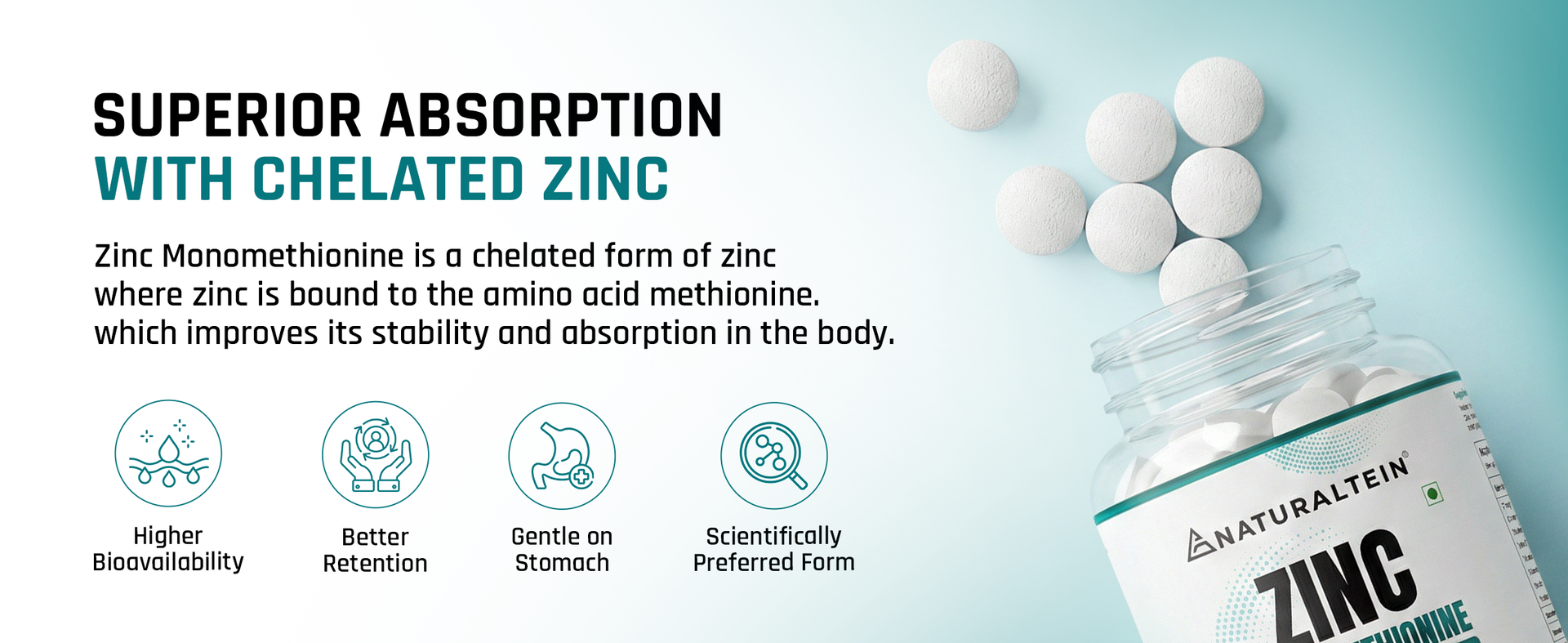 Naturaltein Zinc Monomethionine 60 mg | 17 mg Elemental Zinc per Tablet | Supports Immune Health, Antioxidant Protection & Skin Wellness | 30 Count