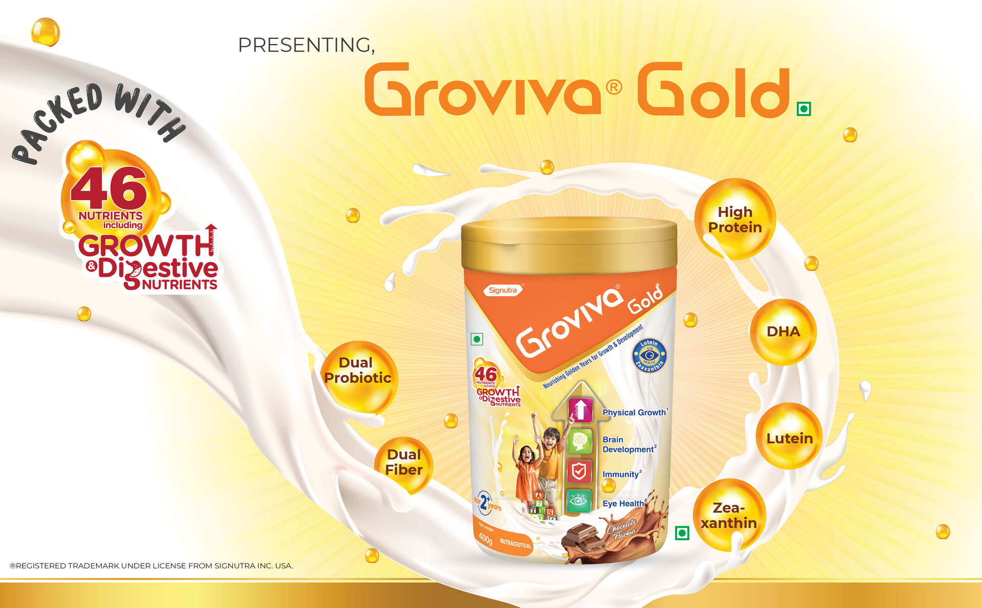 Groviva Gold Milk Protein Powder for Kids | 2-6 Years | 400g Vanilla Jar| 46 Nutrients | Growth & Digestive Nutrients | Supports Physical Growth, Brain Development, Immunity & Eye Health