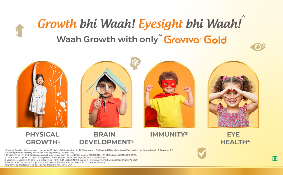 Groviva Gold Milk Protein Powder for Kids | 2-6 Years | 400g Vanilla Jar| 46 Nutrients | Growth & Digestive Nutrients | Supports Physical Growth, Brain Development, Immunity & Eye Health