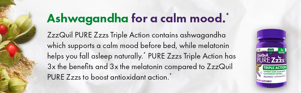 ZzzQuil PURE Zzzs Triple Action, Melatonin Gummies, Melatonin 6mg, 3X Melatonin, Sleep Aid with Ashwagandha, Calm Mood, Antioxidant Action, Sleep Aids for Adults, 60 Sleep Gummies