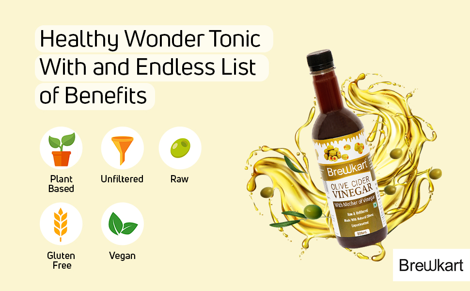 Brewkart Olive Vinegar (Jaitun Ka Sirka) with Mother 500ml – Unfiltered, Raw, Natural, Ideal for Salads & Detox