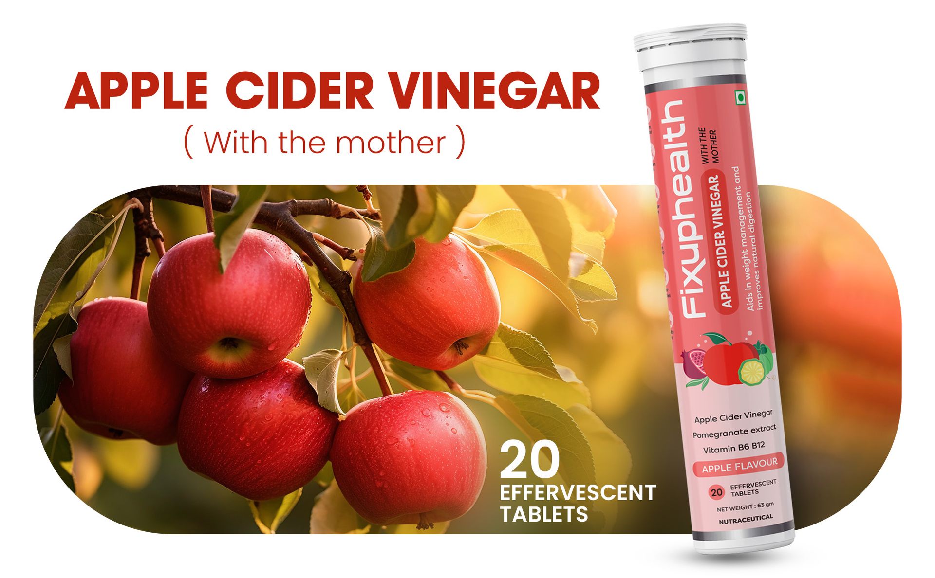 Fixuphealth Apple Cider Vinegar with the Mother 20 Tablets (Pack of 1) and Gluten-free ACV Tablet with Vitamin B6 and B12 and Pomegranate Extract, Weight Loss Supplement for Women and Men