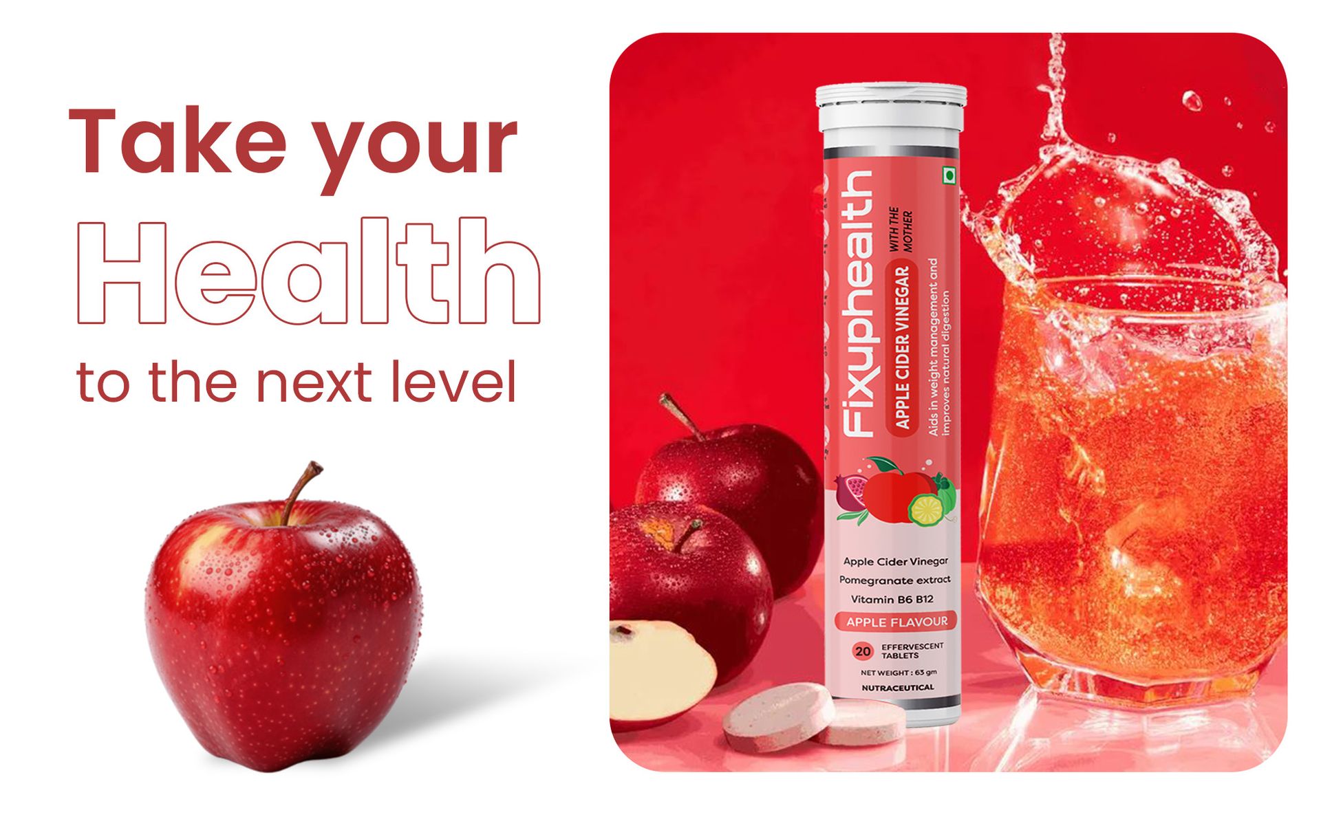 Fixuphealth Apple Cider Vinegar with the Mother 20 Tablets (Pack of 1) and Gluten-free ACV Tablet with Vitamin B6 and B12 and Pomegranate Extract, Weight Loss Supplement for Women and Men