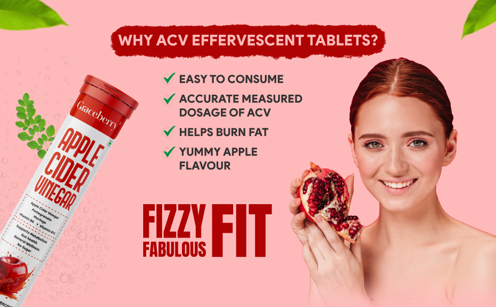 Graceberry Apple Cider Vinegar Effervescent Tablet with Mother- 20 Tablets | 500mg ACV For Metabolism, Weight Management | Pomegranate & Moringa, Vit B6 & B12 | No Added Sugar | Pack of 1