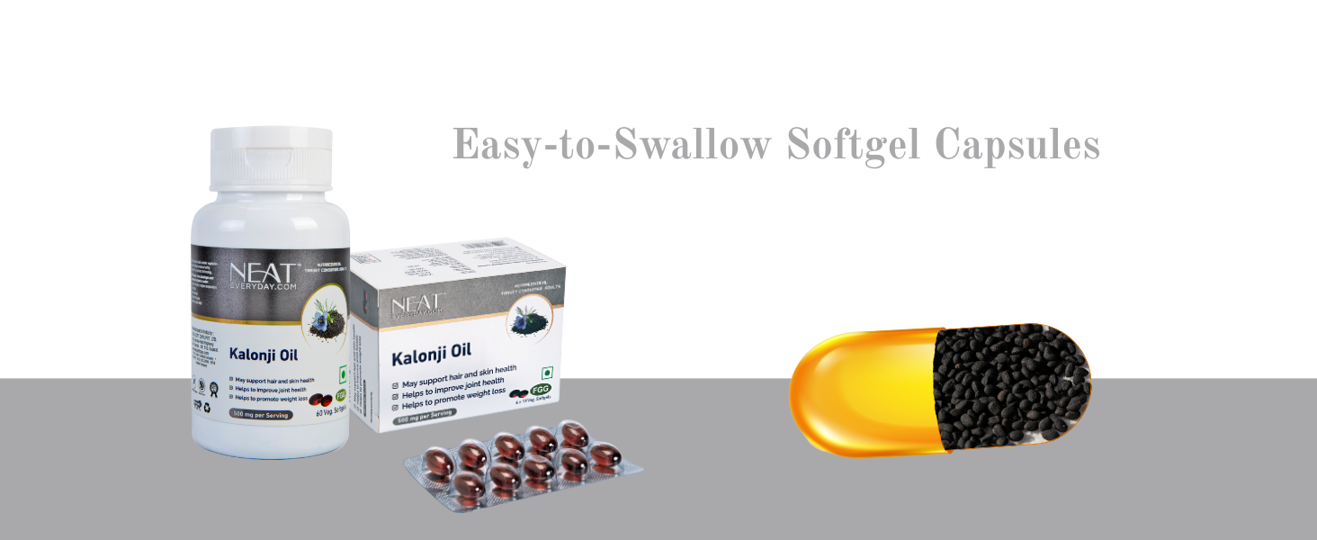 NEAT EVERYDAY Black Seed Oil Capsules | Cold Pressed Kalonji Oil Supplement | Supports Immunity, Digestion, Hair & Skin Health | 30 Vegetarian Capsule