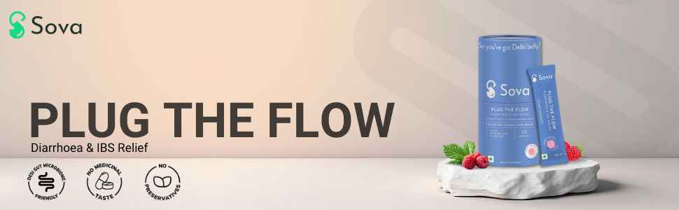 Sova Plug The Flow for Diarrhea, IBS Relief, Prevent Loose Stools, Upset Stomach | 5 Billion CFUs | Clinically Researched Prebiotics, Probiotics & Digestive Enzymes for Men & Women | 15 Sachets