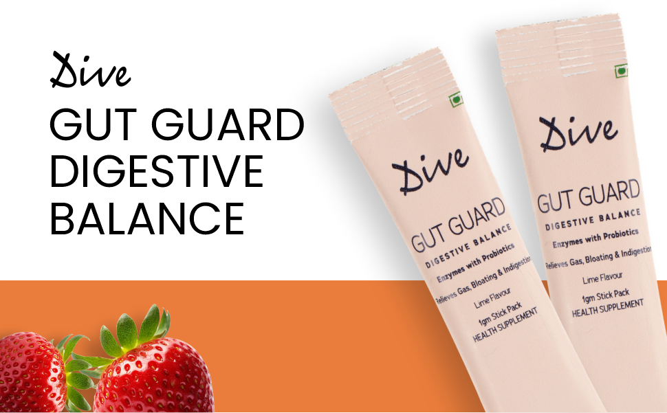 Dive Gut Guard Digestive Balance Probiotics & Digestive Enzymes Supplement | 2 Billion CFU | Helps Relieve Gas, Bloating & Indigestion | Supports Gut Health & Digestion | Lime Flavour | 15 Days