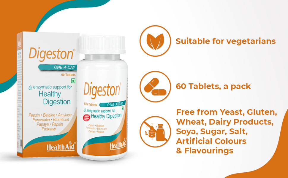 HealthAid Digeston (Papaya & Digestive Enzymes) – 60 Tablets | Natural Enzyme Formula | Supports Healthy Digestion, Nutrient Absorption & Stomach Comfort | With Papaya & Pineapple Extract