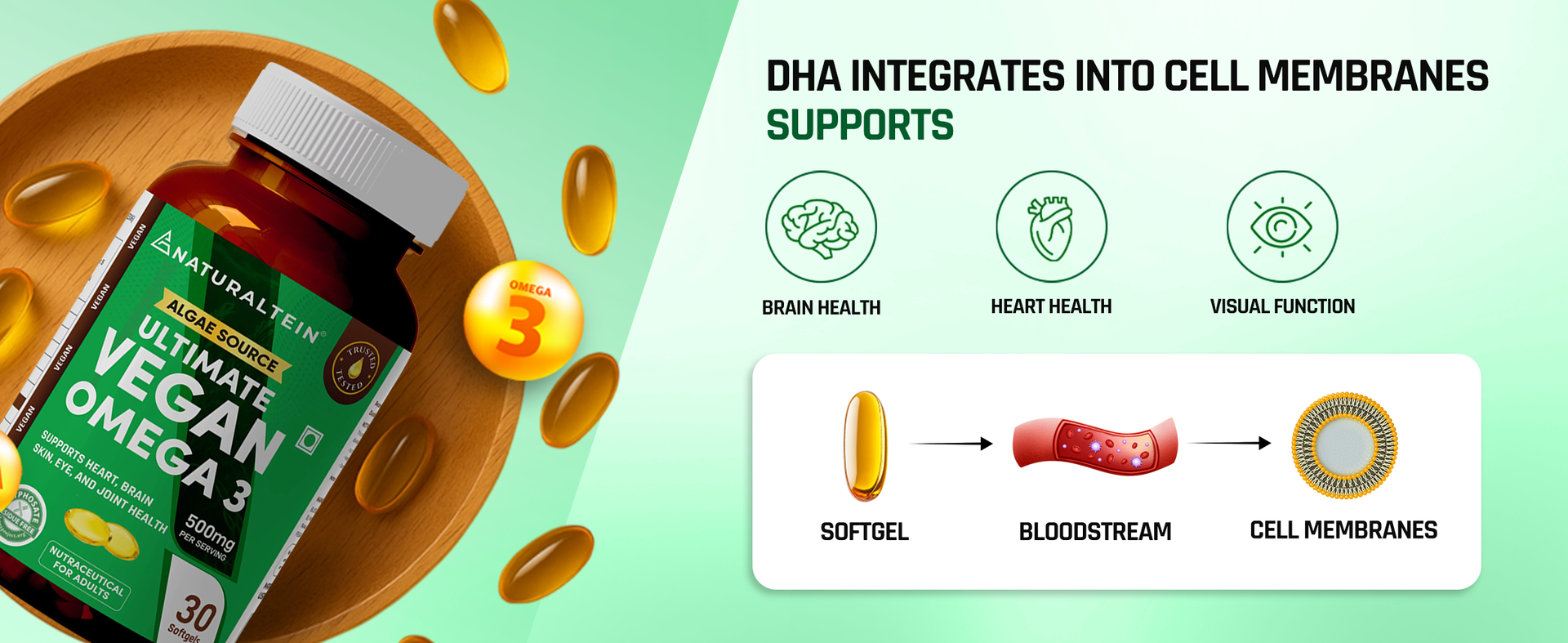 Naturaltein Ultimate Vegan Omega 3 (60 Softgels) | Algae Source DHA | 1000 mg Algae Oil & 500 mg DHA Per Serving | Plant-Based Omega 3 | Heavy Metal Tested