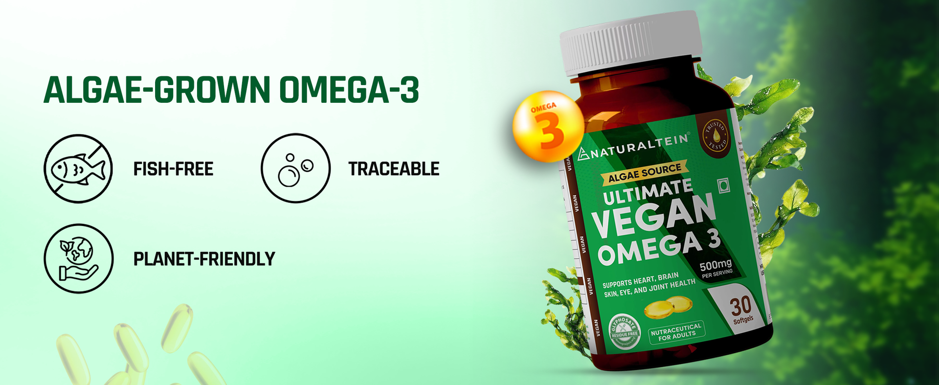 Naturaltein Ultimate Vegan Omega 3 (60 Softgels) | Algae Source DHA | 1000 mg Algae Oil & 500 mg DHA Per Serving | Plant-Based Omega 3 | Heavy Metal Tested