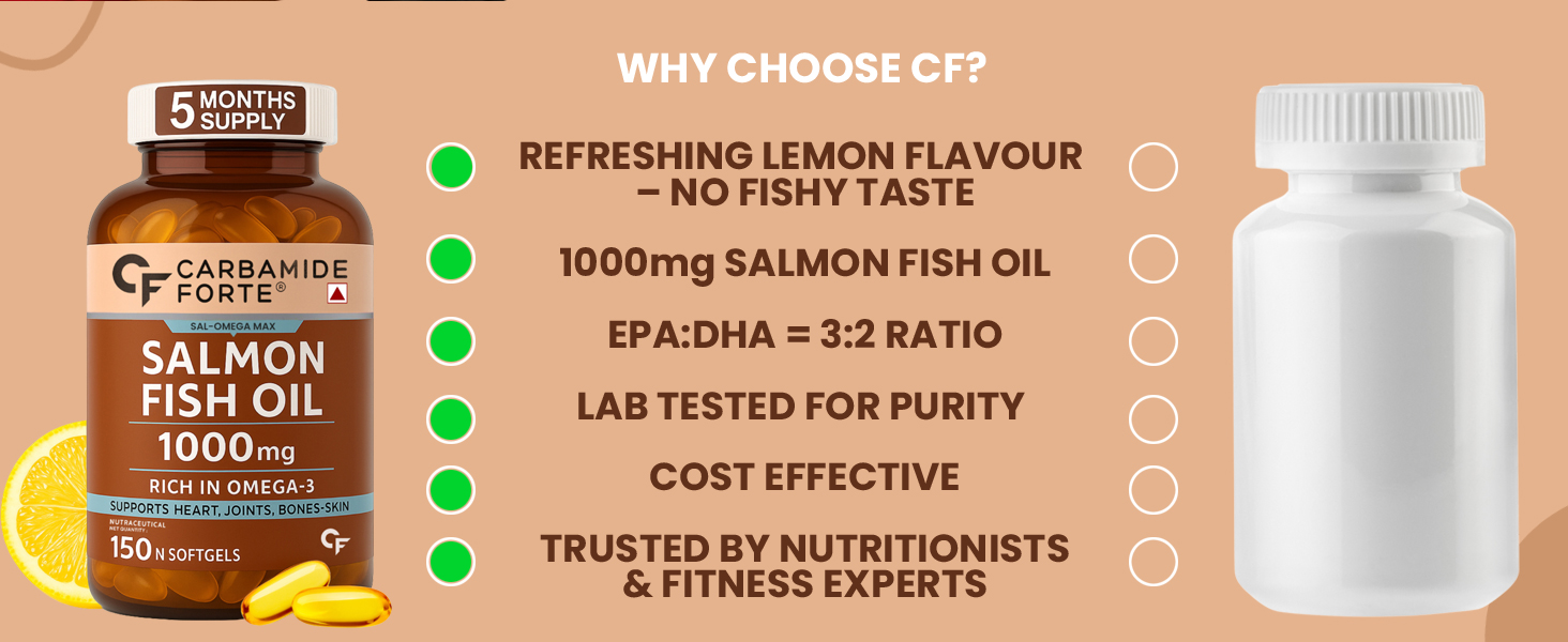 Carbamide Forte Salmon Omega 3 Fish Oil Capsules 1000mg | Salmon Fish Oil Omega 3 Capsule With Vitamin D3 + E For Men & Women | Omega3 Fishoil Supplement For Heart, Joints, Bones & Skin - 90 Softgels