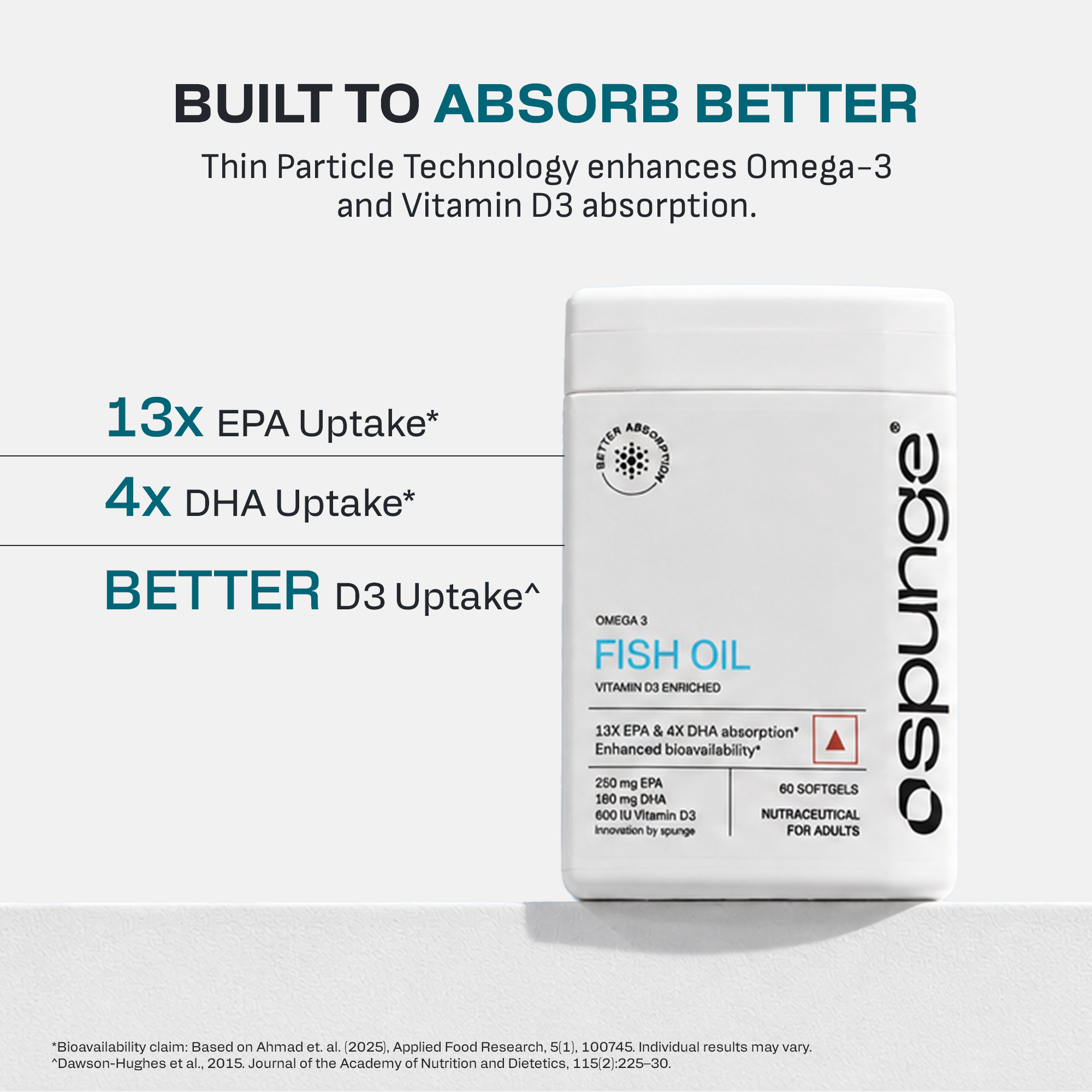 Spunge Omega 3 Fish Oil | Vitamin D3 Enriched | 60 Softgels | High Strength EPA & DHA with Vitamin D3 | 13X EPA & 4X DHA Absorption | Improved D3 Uptake | Supports Heart, Brain, Bone, Joint & Immune Health