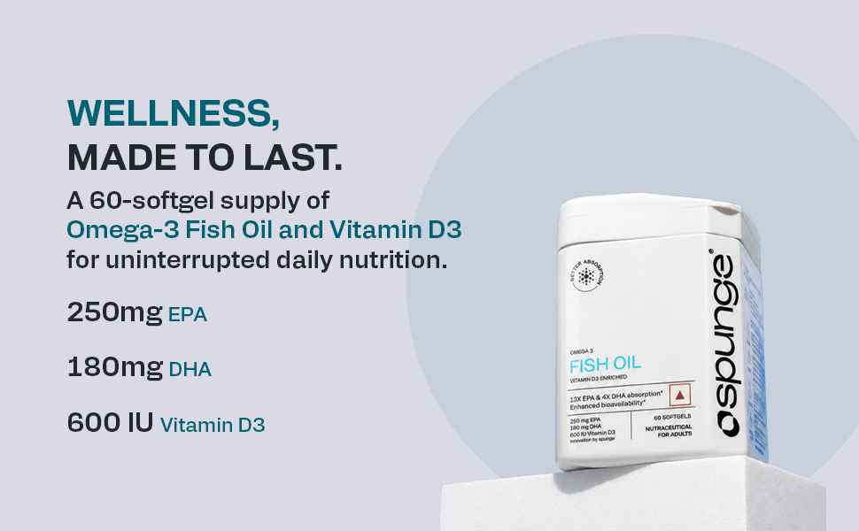 Spunge Omega 3 Fish Oil | Vitamin D3 Enriched | 60 Softgels | High Strength EPA & DHA with Vitamin D3 | 13X EPA & 4X DHA Absorption | Improved D3 Uptake | Supports Heart, Brain, Bone, Joint & Immune Health