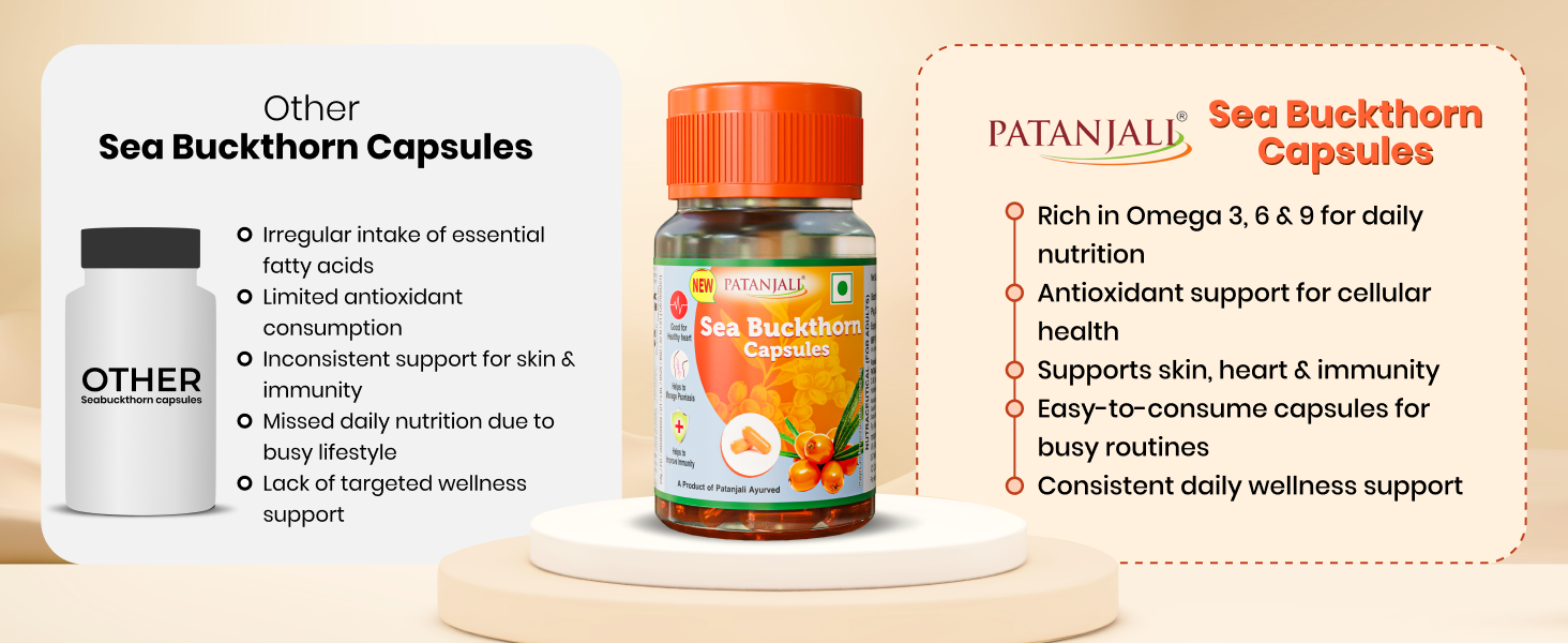 Patanjali Sea Buckthorn Capsules | Natural Supplement for Heart Health, Immunity & Skin Care | Source of Omega 3 6 7 & 9 | Pack of 1