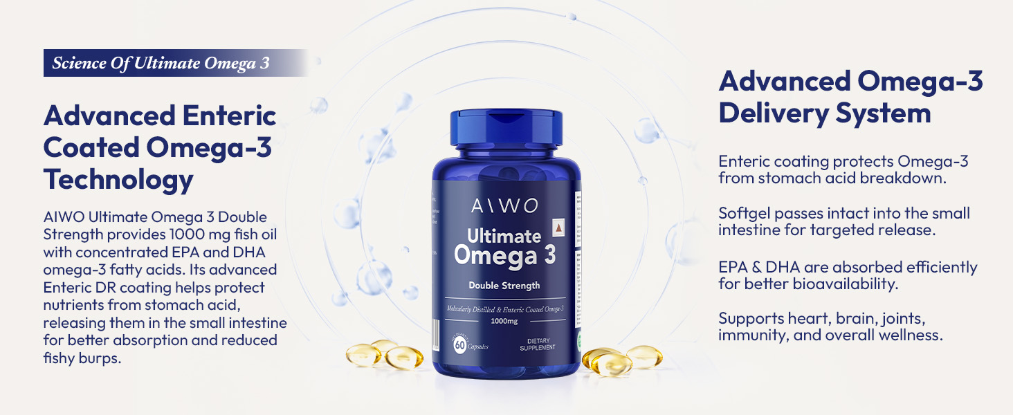AIWO Ultimate Omega 3 Fish Oil Capsules for Men & Women, Double Strength 1000 mg with 360 mg EPA & 240 mg DHA, Burp-Free Formula, Supports Heart, Brain & Joint Health
