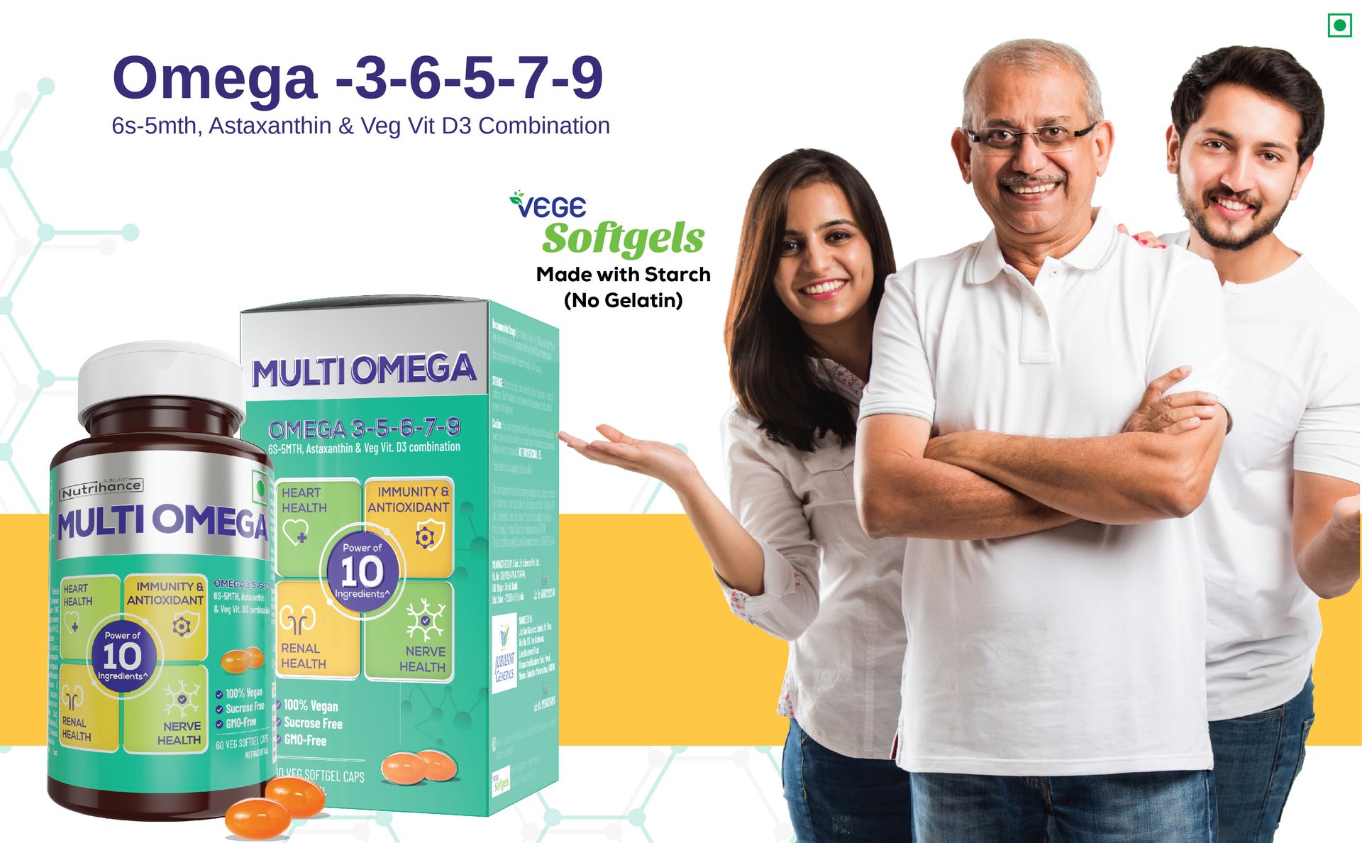 Multiomega 100% Vegan Omega Softgel | Omega 3-5-6-7-9, Vitamin D3 | Support Heart, Nerve & Renal Health | Strengthens Immunity & Antioxidant Effect (60 Veg Softgels)