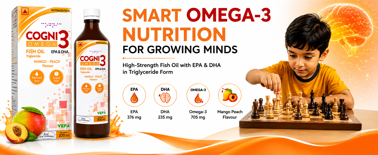 Cogni3 Omega-3 Fish Oil Syrup for Kids & Adults - 200ml | Mango Peach Flavour, Sugar Free | High Strength EPA & DHA Triglyceride Formula | Brain, Memory, Focus & Cognitive Health Supplement