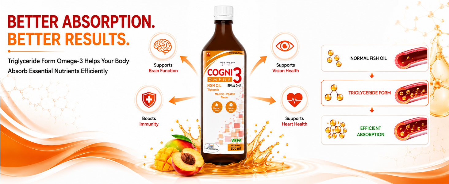 Cogni3 Omega-3 Fish Oil Syrup for Kids & Adults - 200ml | Mango Peach Flavour, Sugar Free | High Strength EPA & DHA Triglyceride Formula | Brain, Memory, Focus & Cognitive Health Supplement