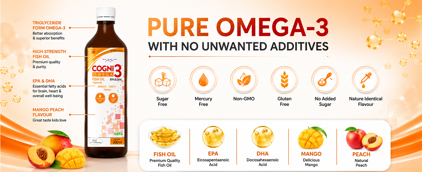 Cogni3 Omega-3 Fish Oil Syrup for Kids & Adults - 200ml | Mango Peach Flavour, Sugar Free | High Strength EPA & DHA Triglyceride Formula | Brain, Memory, Focus & Cognitive Health Supplement