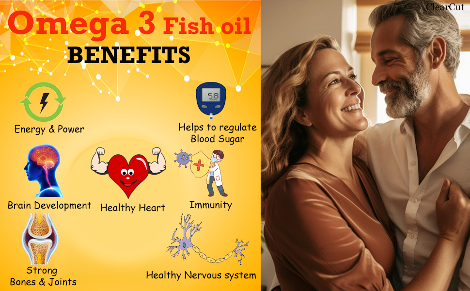 ClearCut Triple strength Omega 3 fish oil capsules | Biotin| Vitamin D3 for men women Heart Hair Skin