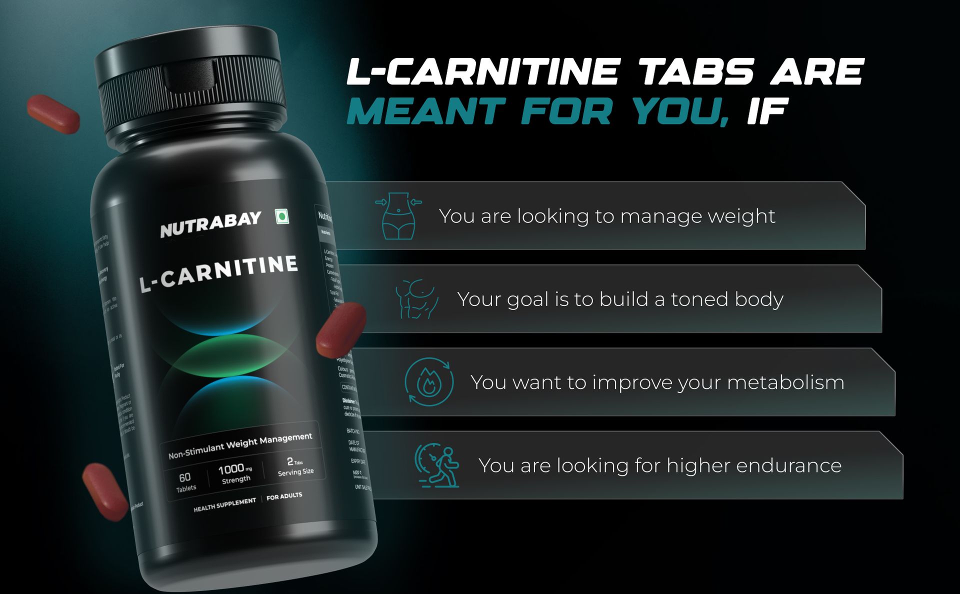 Nutrabay Pro L-Carnitine Fat Burner 1000mg per Capsule – Pre Workout Supplement – 60 Veg Tablets| Tested for Purity | 100% Authentic Metabolism Booster for Weight Loss Support
