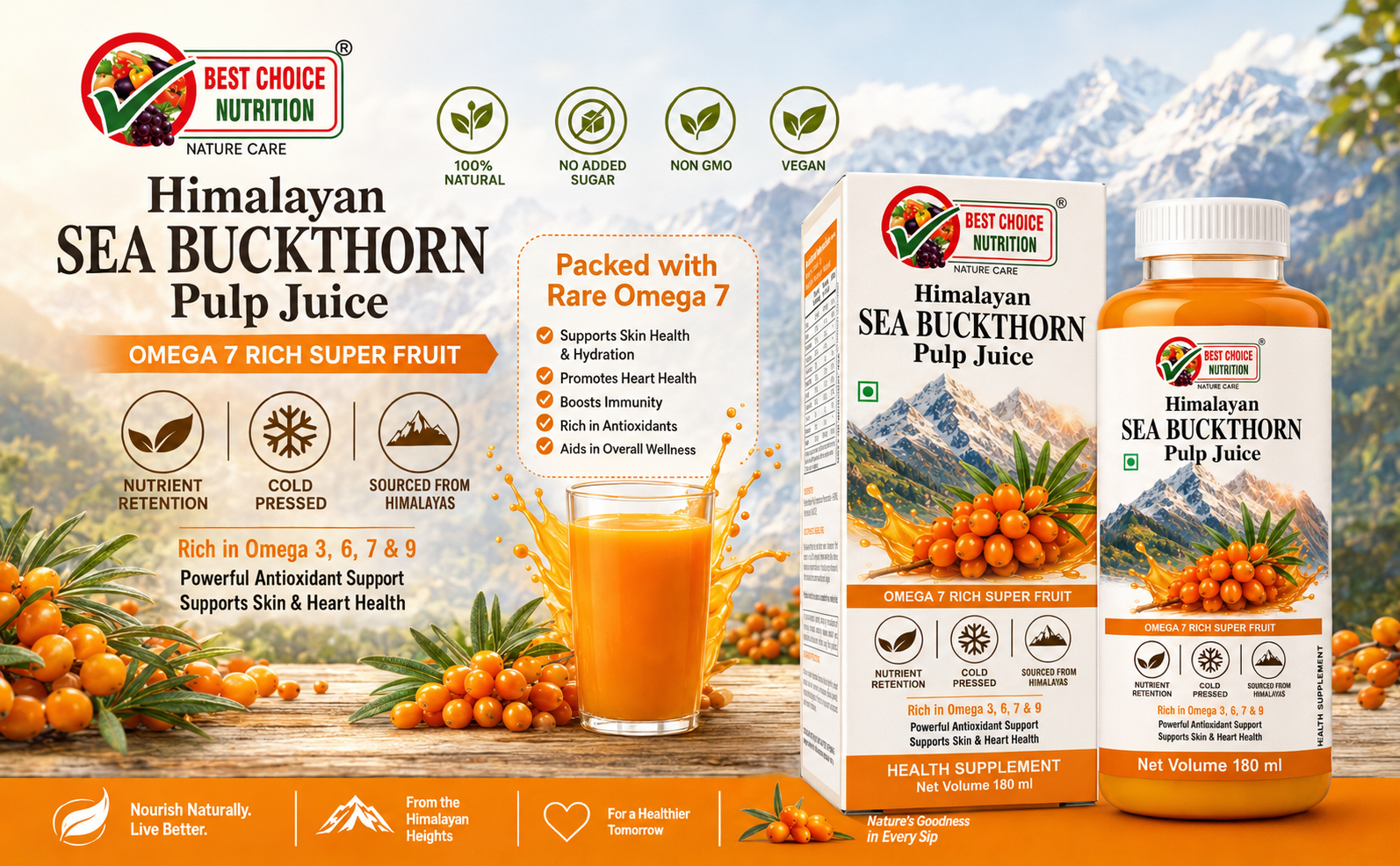 Himalayan Sea Buckthorn Juice | Natural Source of Vitamin C, Omega 3 6 7 9 & Antioxidants | Supports Immunity, Skin & Digestive Wellness 180ml