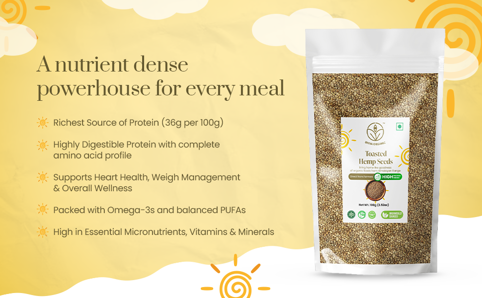Shiva Organic Toasted Hemp seeds - 100g | 10g Protein per Serving | 10g Omegas 3 & 6 per Serving