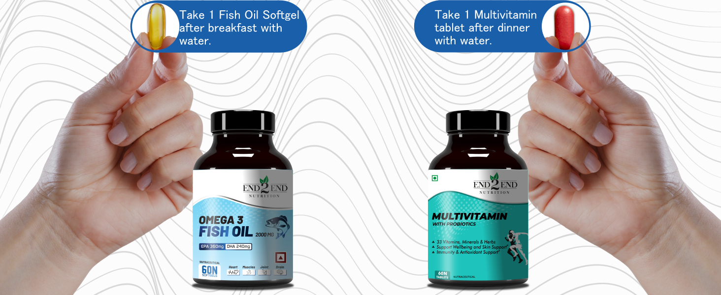 End2End Nutrition Omega 3 Fish Oil capsules and Multivitamin tablets with 33 Vitamins, Minerals and Herbs for Men and Women | Heart, Brain, Eye & Skin Health - (30x2)