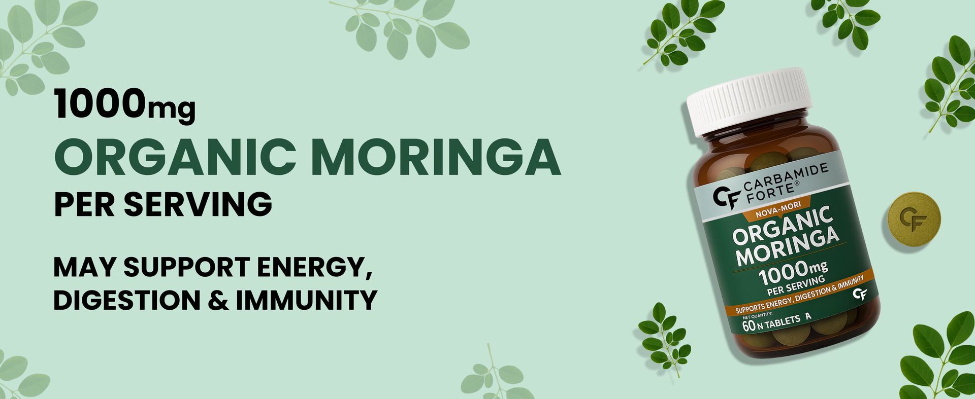 Carbamide Forte Organic Moringa Tablet 1000mg with Leaves Extract | Moringa Tablet for Weight Loss, Immunity, Digestion & Energy | 60 Tablets