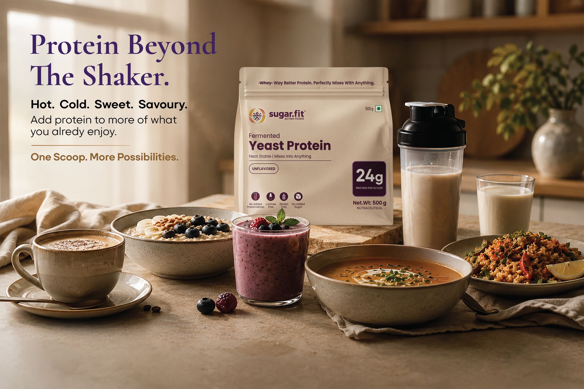 Sugar.fit Fermented Yeast Protein Powder, Unflavoured 500g | 24g Protein from a 30g Scoop | All 9 Essential Amino Acids | Vegan protein powder, Heat Stable, Gluten Free, Lactose Free, No Added Sugar