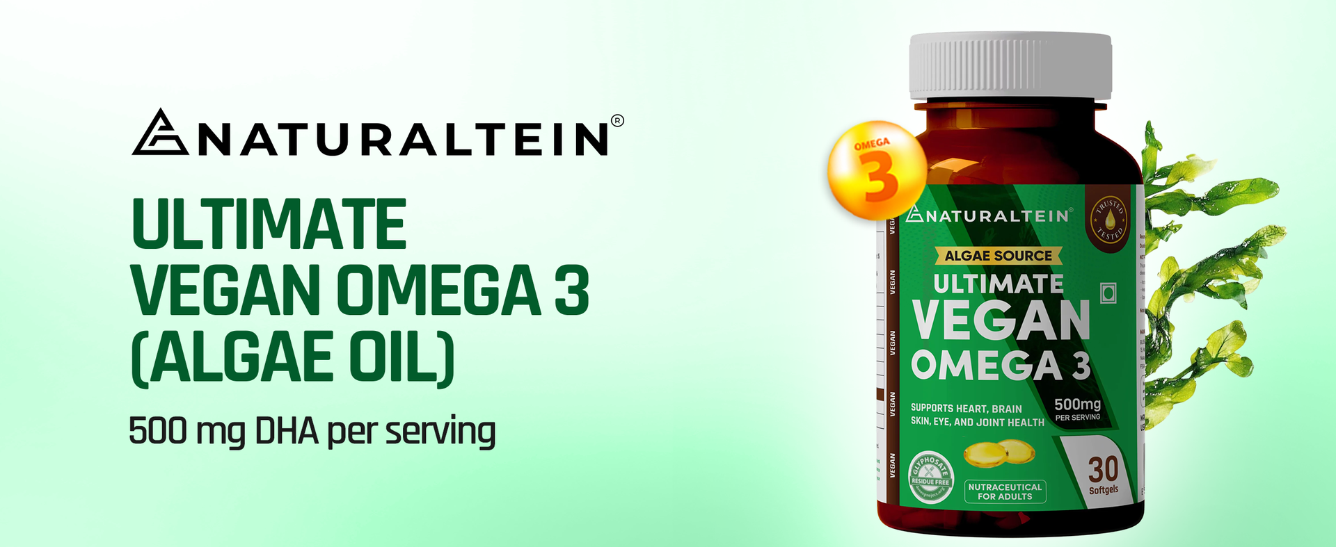 Naturaltein Ultimate Vegan Omega 3 (30 Softgels) | Algae Source DHA | 1000 mg Algae Oil & 500 mg DHA Per Serving | Plant-Based Omega 3 | Tested for Heavy Metals