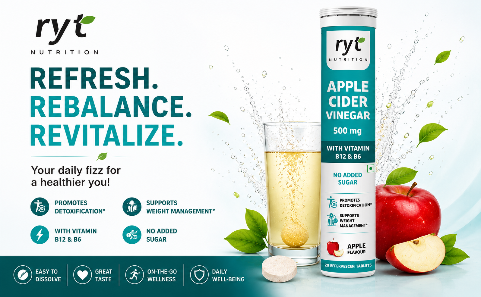Apple Cider Vinegar Effervescent (500mg) - 20 Tablets (Apple Flavour), With Vitamin B12 & B6 | For Weight Management & Gut Health | No added Sugar | Easy to Carry & Consume