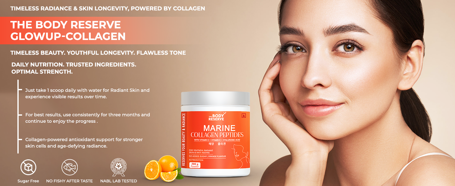 The Body Reserve Marine Collagen Peptides (Orange, 200g) | With Vitamin C, Vitamin E, Sodium Hyaluronate & Biotin | Supplement for Healthy Skin, Hair & Nails | Hydrolyzed Fish Powder for Women & Men