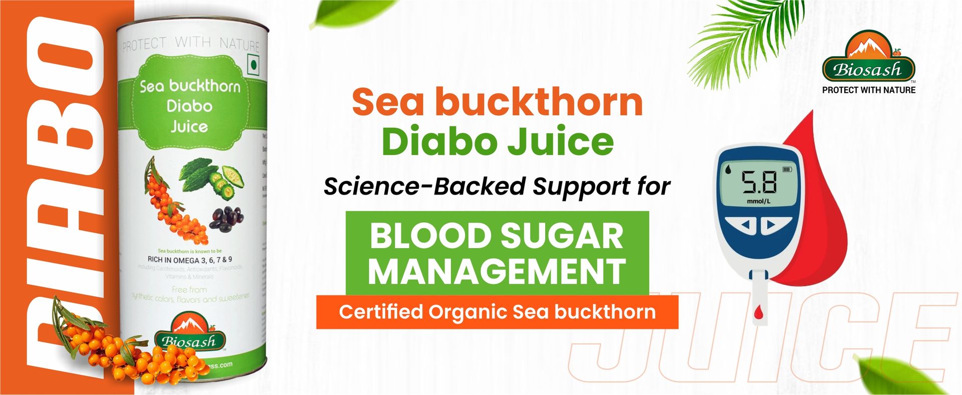 Biosash Seabuckthorn Diabo Juice 250ml | Herbal Supplement with Omega 3 6 7 9 | Blood Sugar & Metabolism Support | Energy & Immunity Booster | Organic Seabuckthorn Juice for Daily Wellness